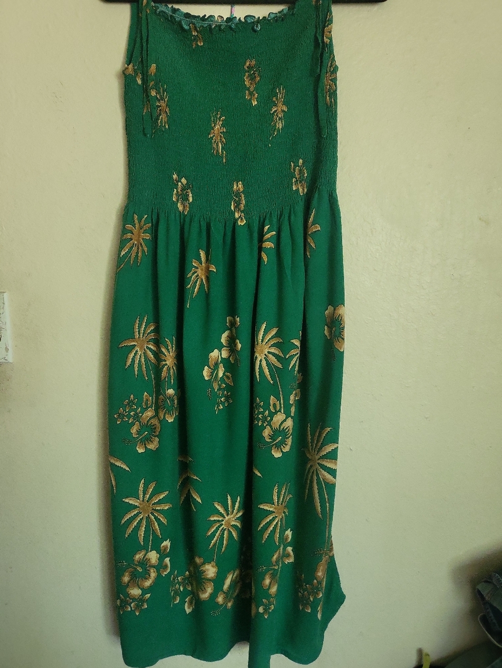 Green Maxi Sundress with Gold Tropical Print